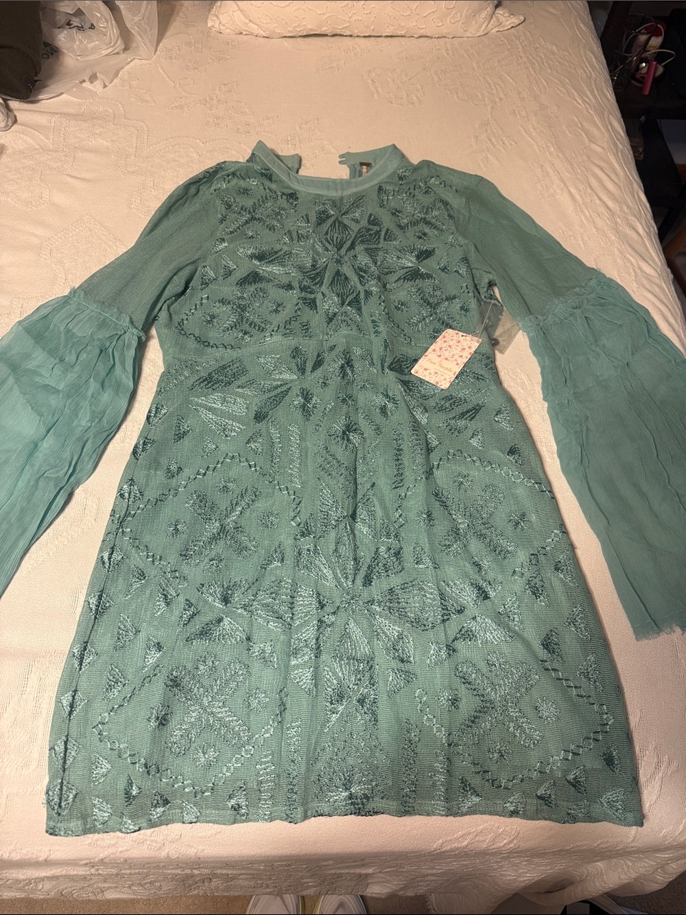 Free People Seafoam Green Embroidered Long-Sleeve Dress